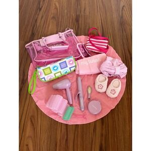 My Twinn Doll Salon Spa Accessory Set Pink Tote Hair Dryer Slippers Brushes Mat